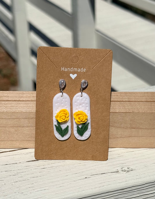 Yellow Rose Polymer Clay Earrings – Minimalist Floral Dangle Earrings, Handmade Lightweight Jewelry, Gift for Her