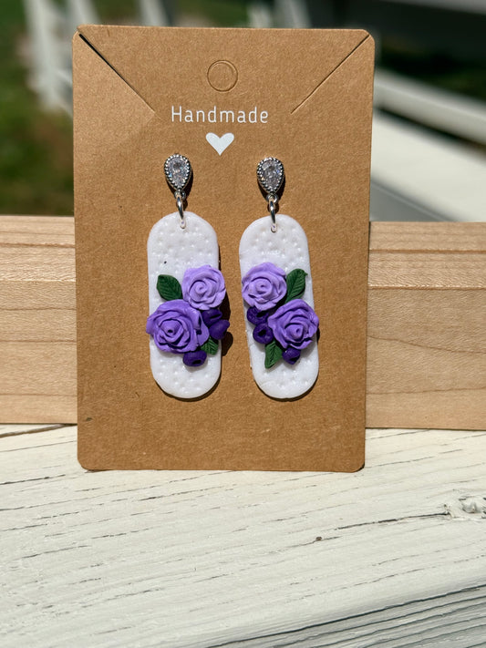 Handmade purple floral polymer clay earrings - unique statement earrings
