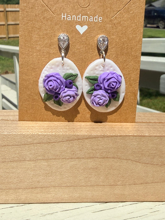 Purple Floral Polymer Clay Earrings – Handmade Statement Earrings